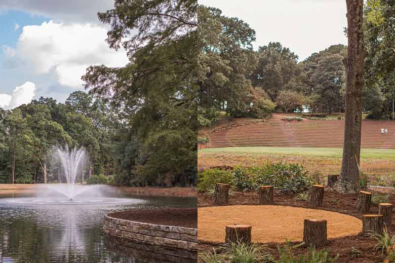 Two side by side images of the Meredith fountain and the ampitheatre.