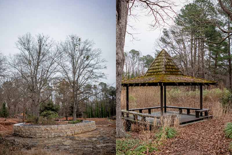 Before the lake was filled, two images of the island and old gazebo.