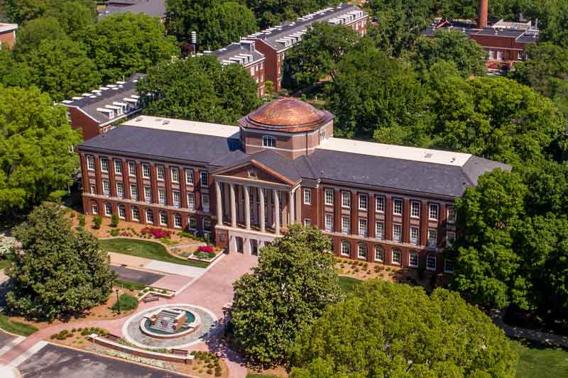 Overhead view of Johnson Hall and campus.