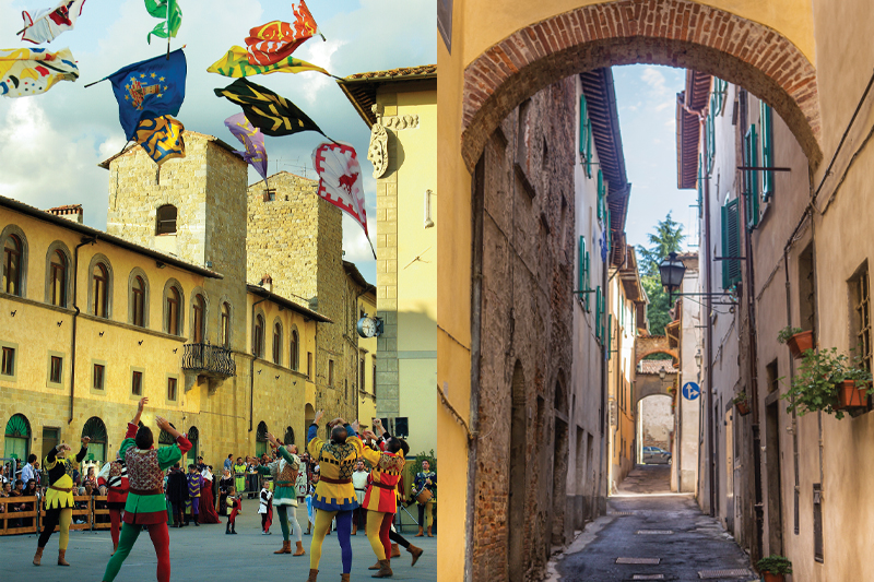 Two images side by side, first of people throwing colorful flags in the air, and the second of an archway and old alleyway.