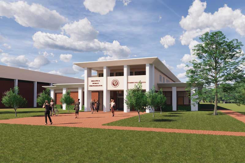 Rendered view of new building.