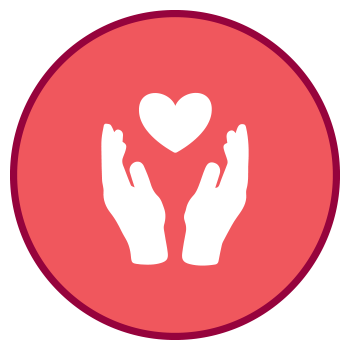 Salmon colored icon with two hands up and open and a heart in between.