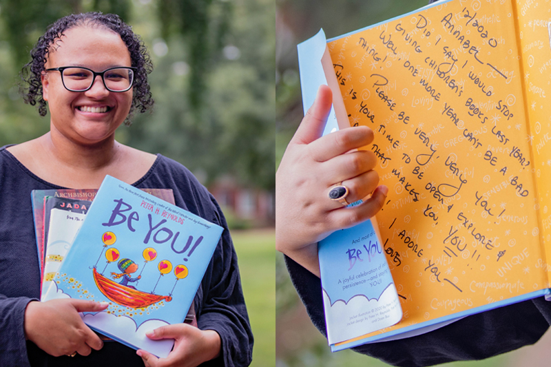Two images side by side, one of a woman holding four children's books and the other showing the inside cover of one where there is a note from the author.
