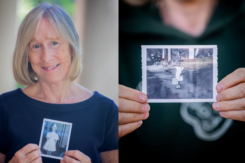 Two images side by side, first is of an older woman holding a black and white photo from when she was young, and the second is a closeup of a different black and white photo from when she was young.