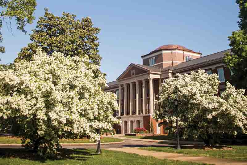 Johnson Hall with trees in full bloom.