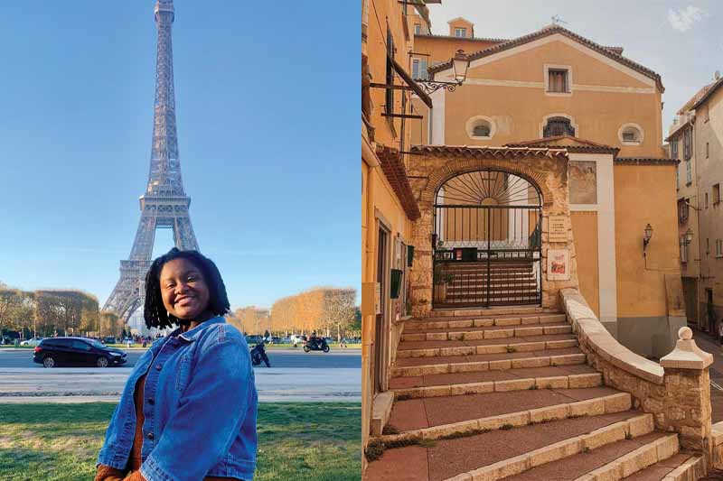 Two images side by side, with a student smiling in front of the Eiffel Tower and the second of a sandy colored house in France.