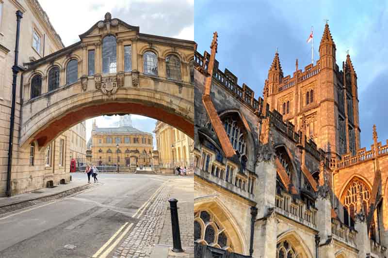 Two images of Oxford in England, one of an old building and one of a bridge connecting two buildings.