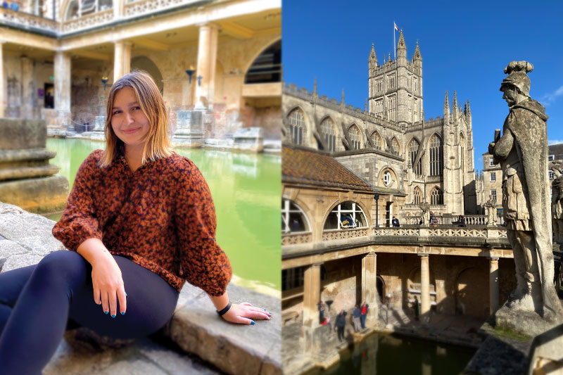 Two images, one of Alison Bunce sitting next to the old baths in Bath, and an overhead view of the Roman baths on the right.