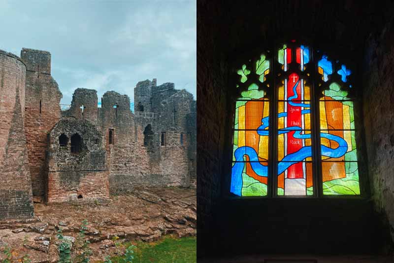 An old castle on the left and stained glass in the castle on the right.