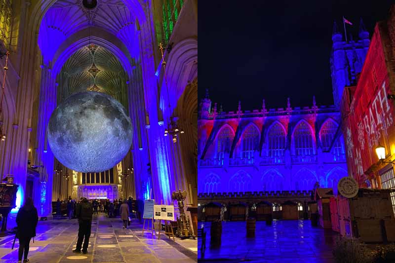 Two photos of the Bath Abbey at night, one with the outside lit up and one of the giant moon exhibit inside.