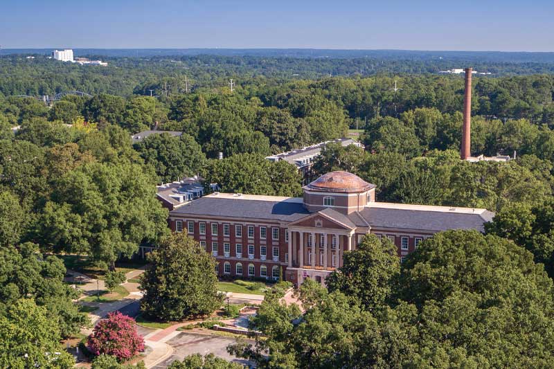 An aerial view of Meredith College in summer.