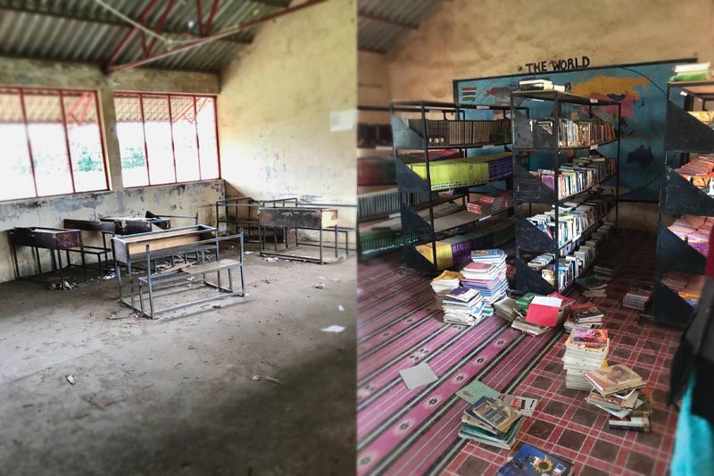 Two images of a work area in the classroom and different supplies.