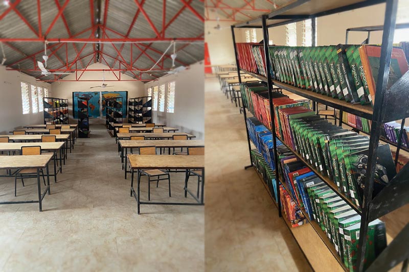 Two images of classrooms and classroom supplies.