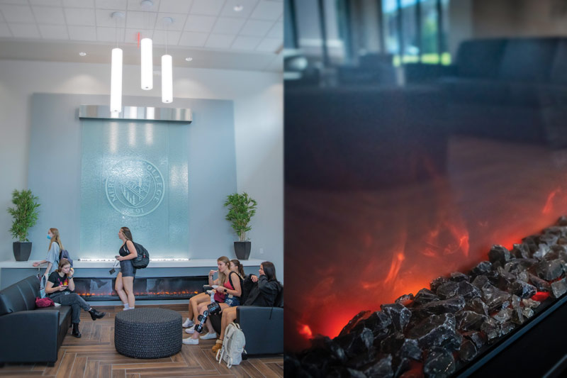 Two side by side images showing the new water wall and fireplace in the CHESS building.