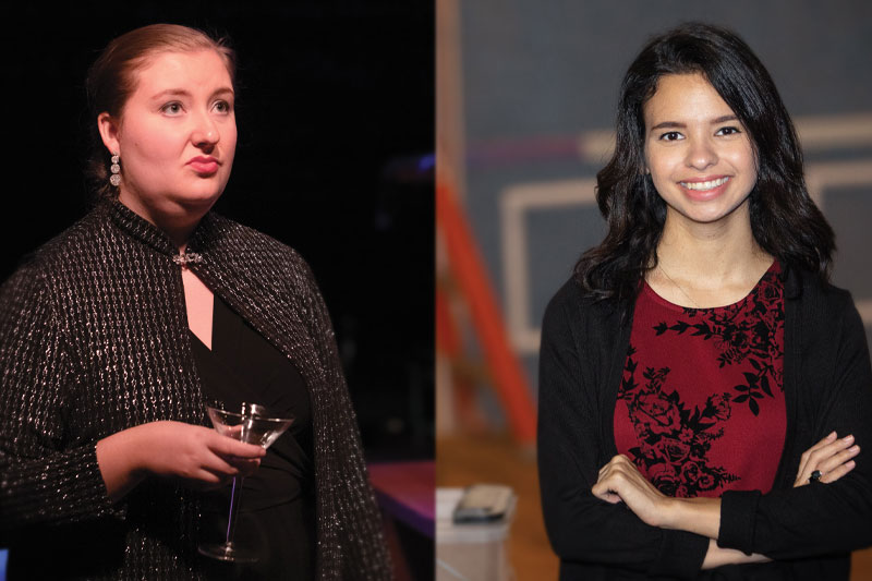 Two images side by side; one of someone performing in a play, and the other a student smiling and crossing her arms.