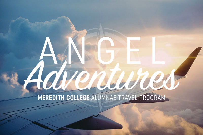 An airplane wing with clouds behind it and the words "Angel Adventures" for Meredith's travel program.
