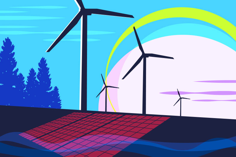Graphic illustration of wind, solar, water, and geothermal energy methods.