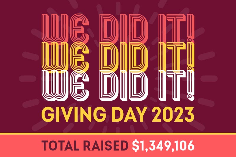 Graphic that says "We did it, Giving Day 2023", and total raised as $1,349,106.
