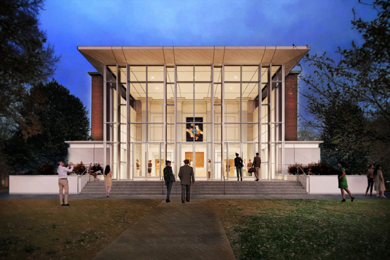 A graphic representation of the new glass front of Jones Auditorium.