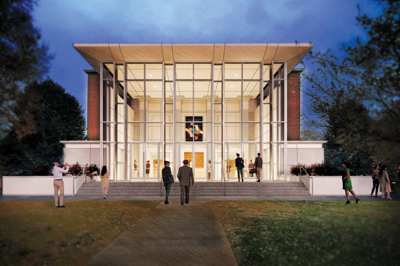 A rendering of the new front of the performing arts center showing a glass front and stairs.