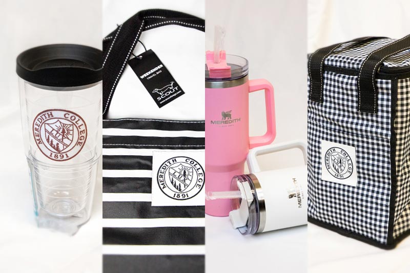 A variety of cups and bags you can buy from the Meredith Market.