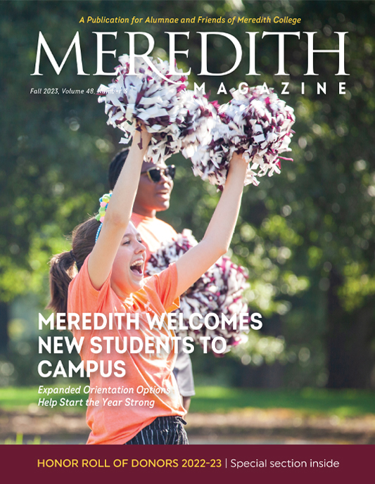 A student cheering on move in day with Meredith Magazine overlayed.