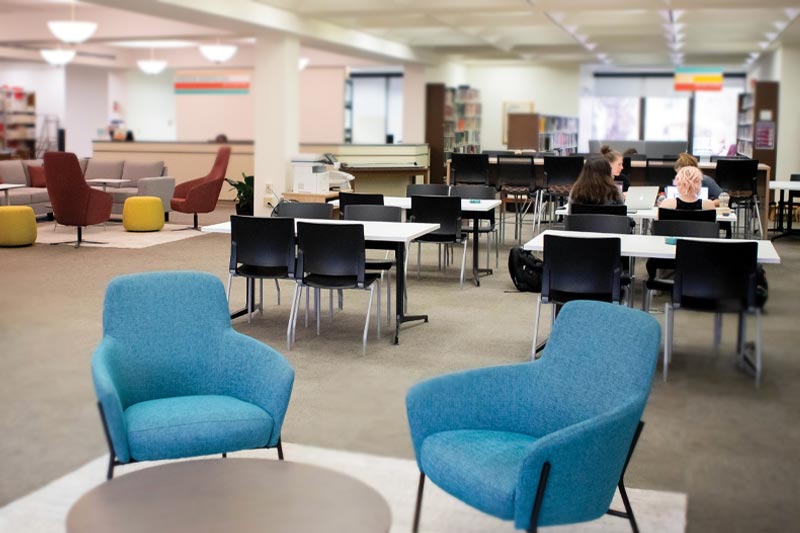 New chairs and study spaces in the library.
