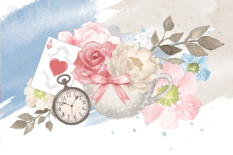 Alice in wonderland themed graphics of a pocketwatch, Ace of Hearts card, tea pot, and flowers.