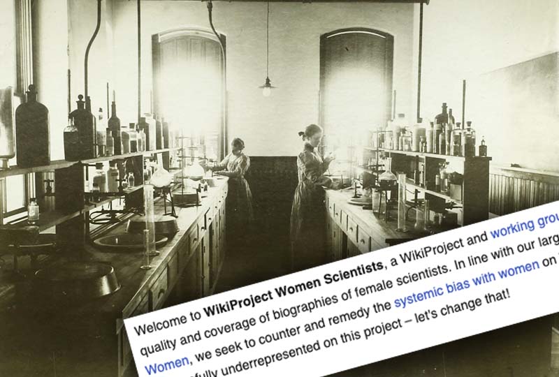 An old image of a woman working in a lab with a wikipedia article overlayed.